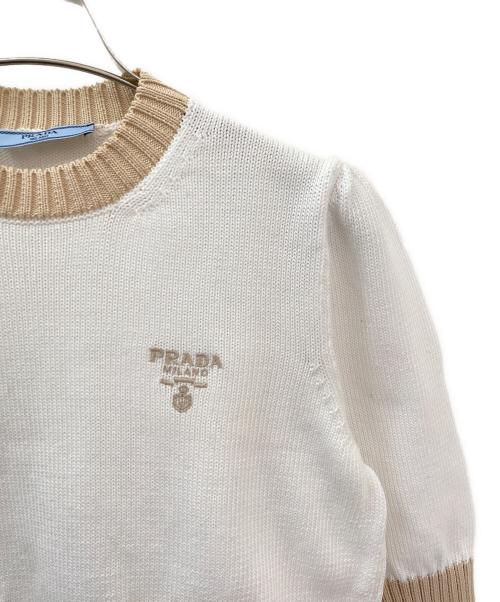 PRADA（プラダ）PRADA (プラダ) コットンクルーネックニット ホワイト×ベージュ サイズ:38の古着・服飾アイテム