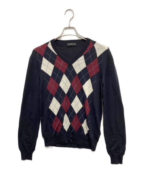 PRADA（プラダ）PRADA (プラダ) Vネックアーガイルセーター ネイビー サイズ:48の古着・服飾アイテム