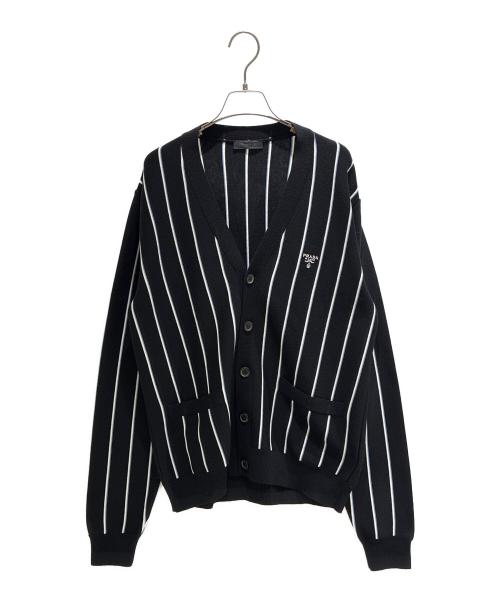 PRADA（プラダ）PRADA (プラダ) Stripe Embroidered-Logo Wool Cardigan　UMG385 ブラック サイズ:50の古着・服飾アイテム