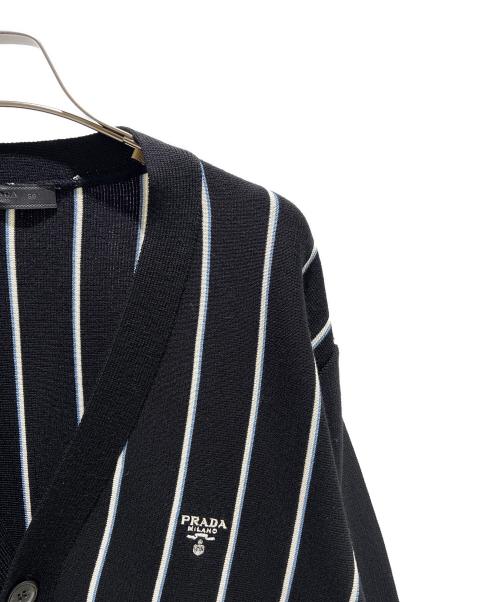 PRADA（プラダ）PRADA (プラダ) Stripe Embroidered-Logo Wool Cardigan　UMG385 ブラック サイズ:50の古着・服飾アイテム