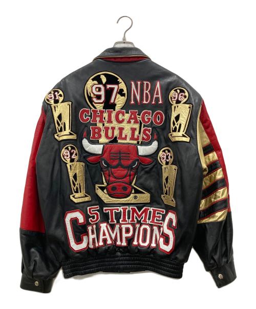 NBA（エヌビーエー）NBA (エヌビーエー) JEFF HAMILTON (ジェフハミルトン) 5 Time Champions Leather Jacket ブラック×レッド サイズ:Mの古着・服飾アイテム