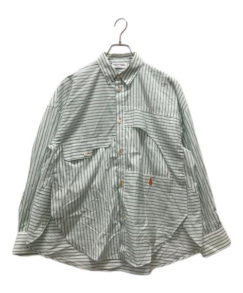 nagonstans（ナゴンスタンス）nagonstans (ナゴンスタンス) ストライプ ラウンドフレアシャツ ホワイト×グリーン サイズ:Mの古着・服飾アイテム