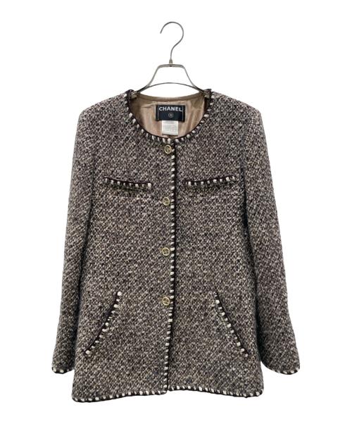 CHANEL（シャネル）CHANEL (シャネル) ココマーク釦 ウールシルクツイードジャケット ブラウン サイズ:40の古着・服飾アイテム