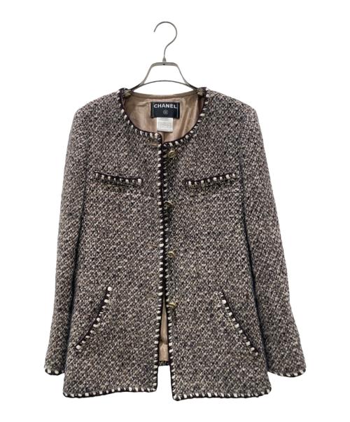 CHANEL（シャネル）CHANEL (シャネル) ココマーク釦 ウールシルクツイードジャケット ブラウン サイズ:40の古着・服飾アイテム