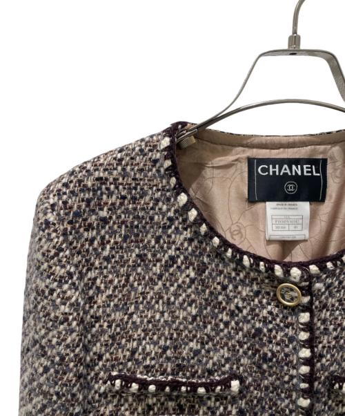 CHANEL（シャネル）CHANEL (シャネル) ココマーク釦 ウールシルクツイードジャケット ブラウン サイズ:40の古着・服飾アイテム