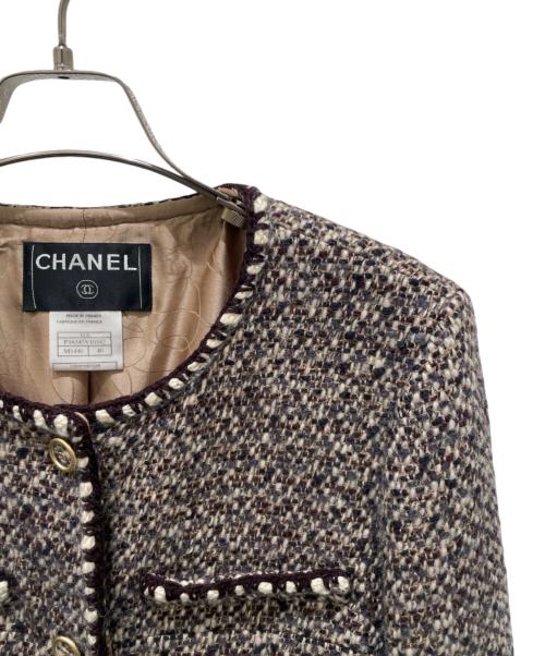 CHANEL（シャネル）CHANEL (シャネル) ココマーク釦 ウールシルクツイードジャケット ブラウン サイズ:40の古着・服飾アイテム