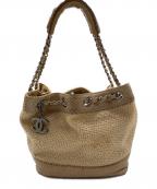 CHANELシャネル）の古着「パイソンスキン×キャンバスチェーンハンドバッグ」｜ベージュ