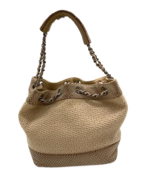 CHANEL（シャネル）CHANEL (シャネル) パイソンスキン×キャンバスチェーンハンドバッグ ベージュの古着・服飾アイテム