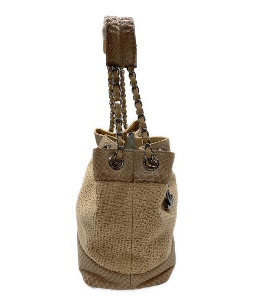 CHANEL（シャネル）CHANEL (シャネル) パイソンスキン×キャンバスチェーンハンドバッグ ベージュの古着・服飾アイテム