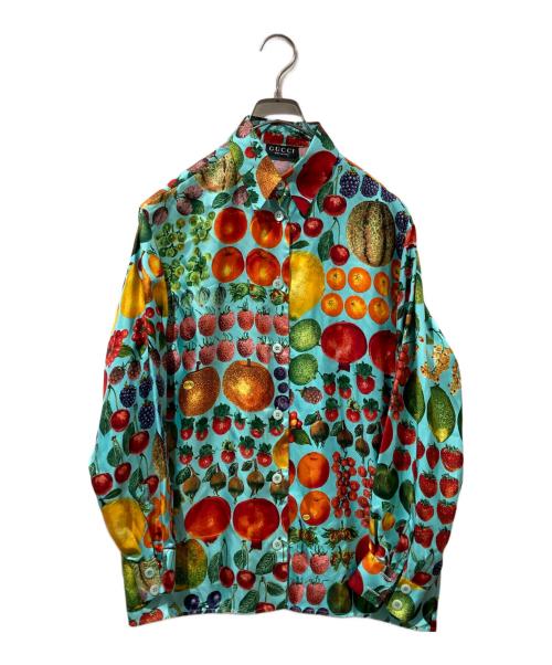 GUCCI（グッチ）GUCCI (グッチ) ヴィンテージシルク フルーツ柄シャツ ライトブルー サイズ:38の古着・服飾アイテム