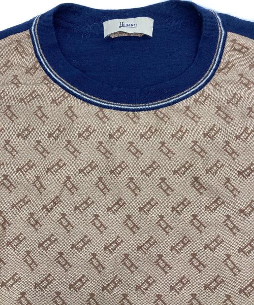 HERNO（ヘルノ）HERNO (ヘルノ) 総柄切替ニット ベージュ×ネイビー サイズ:40の古着・服飾アイテム
