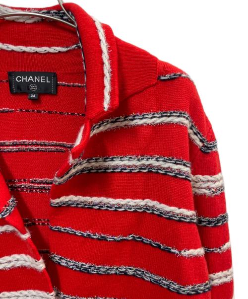 CHANEL（シャネル）CHANEL (シャネル) P64 カシミヤボーダーニットジャケット　P64262K60201：2020年モデル レッド サイズ:38の古着・服飾アイテム