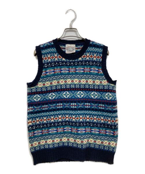 JAMIESONS（ジャミーソンズ）JAMIESONS (ジャミーソンズ) 総柄ニットベスト ブルー サイズ:Sの古着・服飾アイテム