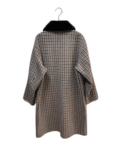 DRAWER（ドゥロワー）DRAWER (ドゥロワー) チェックケヌキファーカラーコート ベージュ×ブルー サイズ:36の古着・服飾アイテム