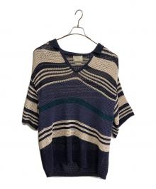 YOKE（ヨーク）の古着「BORDER MESH KNIT SKIPPER POLO SHIRT」｜ネイビー×アイボリー