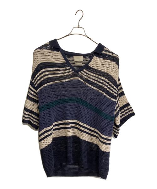 YOKE（ヨーク）YOKE (ヨーク) BORDER MESH KNIT SKIPPER POLO SHIRT ネイビー×アイボリー サイズ:4の古着・服飾アイテム