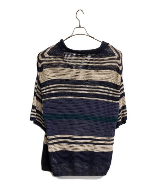 YOKE（ヨーク）YOKE (ヨーク) BORDER MESH KNIT SKIPPER POLO SHIRT ネイビー×アイボリー サイズ:4の古着・服飾アイテム