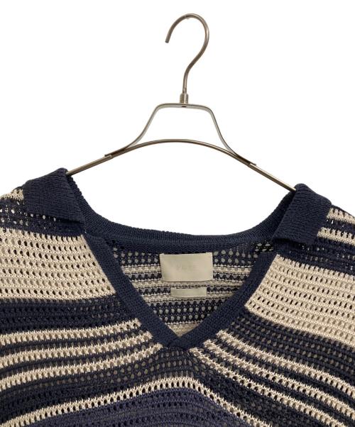 YOKE（ヨーク）YOKE (ヨーク) BORDER MESH KNIT SKIPPER POLO SHIRT ネイビー×アイボリー サイズ:4の古着・服飾アイテム