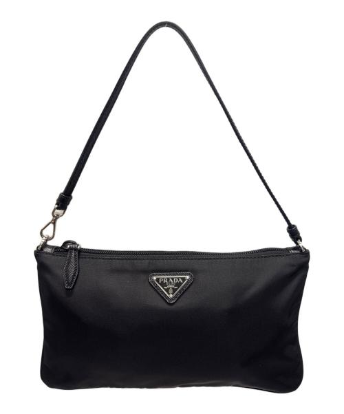 PRADA（プラダ）PRADA (プラダ) レザーストラップ付 フラットポーチ ブラックの古着・服飾アイテム