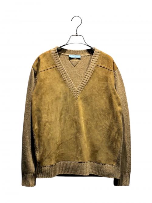 PRADA（プラダ）PRADA (プラダ) ウールカシミヤ/スエードVネックニット キャメル/タバコ サイズ:36の古着・服飾アイテム
