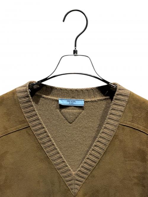 PRADA（プラダ）PRADA (プラダ) ウールカシミヤ/スエードVネックニット キャメル/タバコ サイズ:36の古着・服飾アイテム