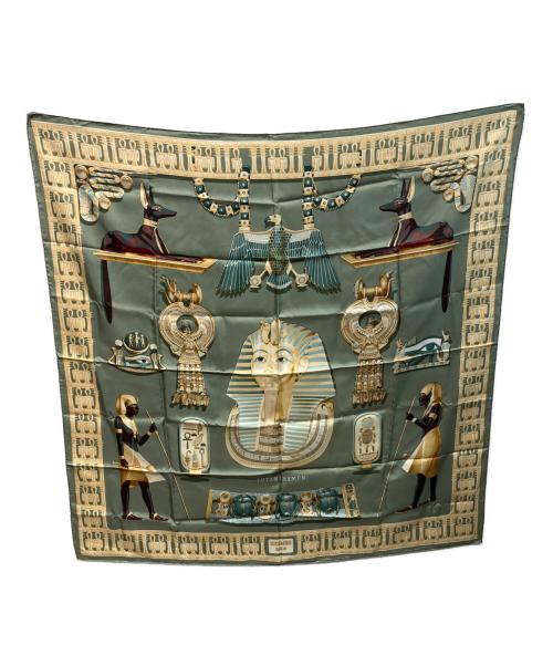 HERMES（エルメス）HERMES (エルメス) TUTANKHAMUN カレ90 シルクスカーフ グリーンの古着・服飾アイテム