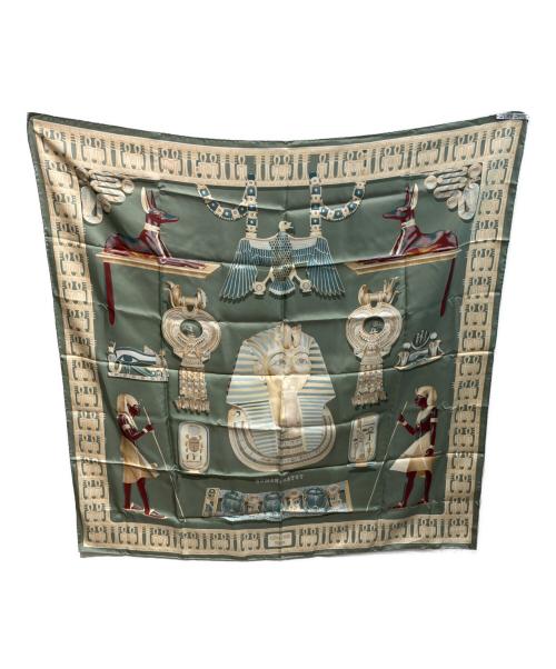HERMES（エルメス）HERMES (エルメス) TUTANKHAMUN カレ90 シルクスカーフ グリーンの古着・服飾アイテム