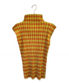 PLEATS PLEASE（プリーツプリーズ）の古着「ノースリーブ ハイネックプリーツブラウス」｜オレンジ×グリーン