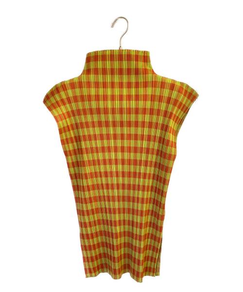 PLEATS PLEASE（プリーツプリーズ）PLEATS PLEASE (プリーツプリーズ) ノースリーブ ハイネックプリーツブラウス オレンジ×グリーン サイズ:3の古着・服飾アイテム