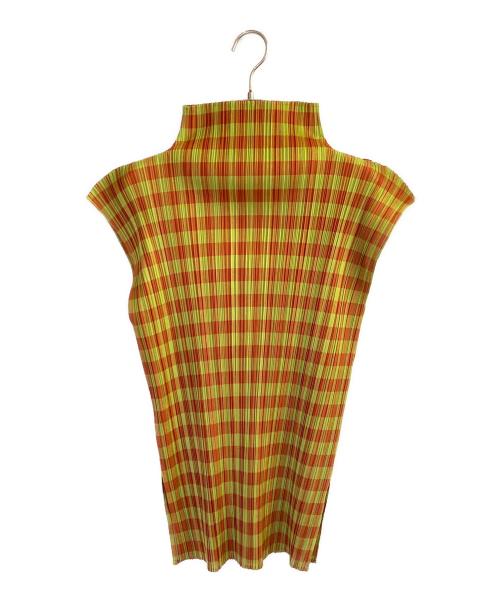 PLEATS PLEASE（プリーツプリーズ）PLEATS PLEASE (プリーツプリーズ) ノースリーブ ハイネックプリーツブラウス オレンジ×グリーン サイズ:3の古着・服飾アイテム