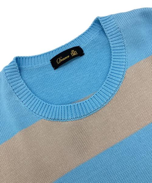 DRAWER（ドゥロワー）Drawer (ドゥロワー) コットンボーダーS/Sニット　6518-106-0505 ブルー×ベージュ サイズ:Freeの古着・服飾アイテム