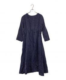 fog linen work×北欧、暮らしの道具店（フォグリネンワーク×ホクオウ、グラシノドウグテン）の古着「別注 ストライプリネンワンピース」｜ネイビー×ホワイト