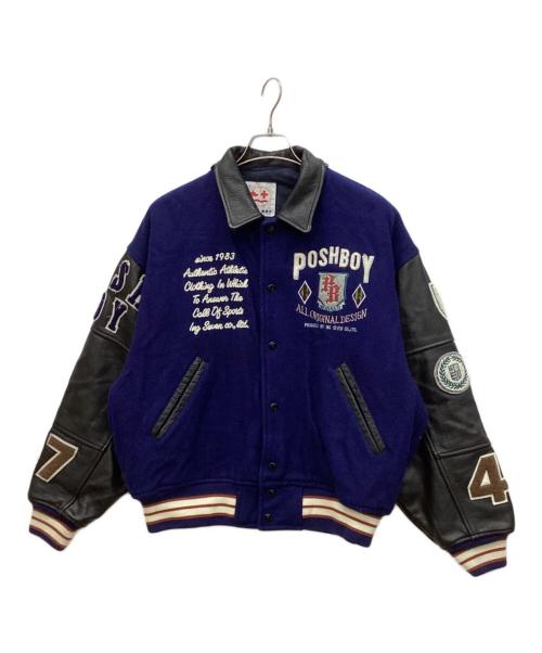 POSH BOY（ポッシュボーイ）POSH BOY (ポッシュボーイ) 80'sオールドレザーウール切替 スタジャン ブラック×ネイビー サイズ:Fの古着・服飾アイテム