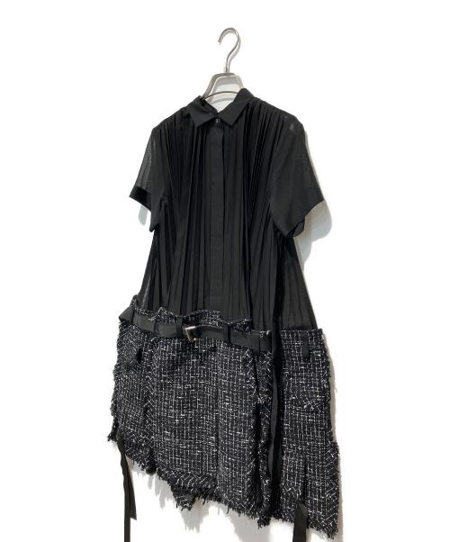 sacai（サカイ）sacai (サカイ) TWEED MIX CHIFFON SHIRT DRESS ブラック サイズ:2の古着・服飾アイテム