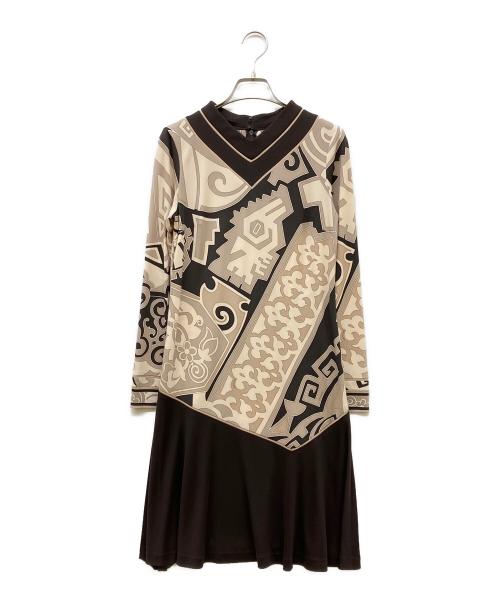 LAONARD（レオナード）LAONARD (レオナード) ロングスリーブジャージープリントワンピース ブラウン サイズ:38の古着・服飾アイテム