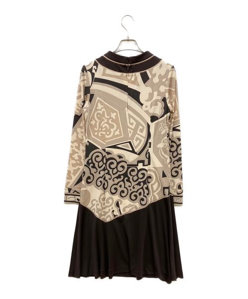 LAONARD（レオナード）LAONARD (レオナード) ロングスリーブジャージープリントワンピース ブラウン サイズ:38の古着・服飾アイテム