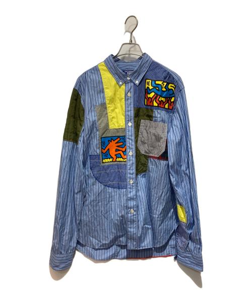 JUNYA WATANABE MAN（ジュンヤワタナベマン）JUNYA WATANABE MAN (ジュンヤワタナベマン) Keith Haring (キースヘリング) パッチワークストライプシャツ ブルー サイズ:Ｌの古着・服飾アイテム