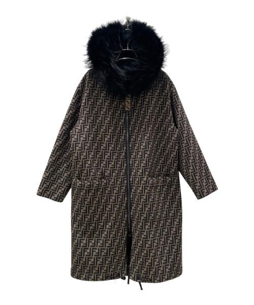 FENDI（フェンディ）FENDI (フェンディ) ファーフード付き ズッカ FF柄 リバーシブルコート ブラック/ベージュ サイズ:40の古着・服飾アイテム