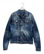 DSQUARED2ディースクエアード）の古着「ウォッシュド/クラッシュ加工・バックマルチプリント付きデニムジャケット」｜インディゴ