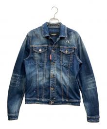 DSQUARED2（ディースクエアード）の古着「ウォッシュド/クラッシュ加工・バックマルチプリント付きデニムジャケット」｜インディゴ