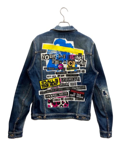 DSQUARED2（ディースクエアード）DSQUARED2 (ディースクエアード) ウォッシュド/クラッシュ加工・バックマルチプリント付きデニムジャケット インディゴ サイズ:46の古着・服飾アイテム