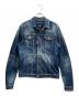 DSQUARED2（ディースクエアード）の古着「ウォッシュド/クラッシュ加工・バックマルチプリント付きデニムジャケット」｜インディゴ