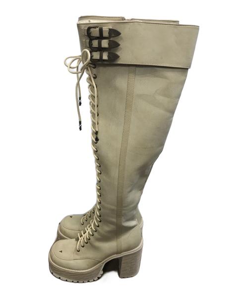 YELLO（イエロ）YELLO (イエロ) レースアップロングブーツ ベージュ サイズ:Lの古着・服飾アイテム