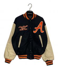 A BATHING APE×POST O'ALLS（ア ベイシング エイプ×ポストオーバーオールズ）の古着「90'S レザーアームメルトンスタジャン」｜ブラック×ベージュ