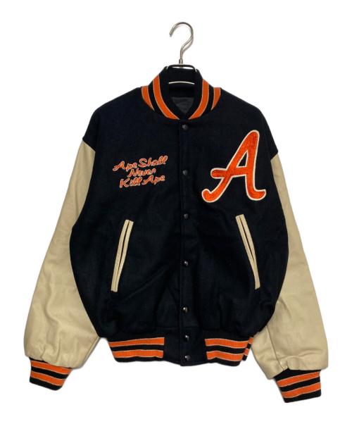 A BATHING APE（ア ベイシング エイプ）A BATHING APE (ア ベイシング エイプ) POST O'ALLS (ポストオーバーオールズ) 90'S レザーアームメルトンスタジャン ブラック×ベージュ サイズ:Lの古着・服飾アイテム