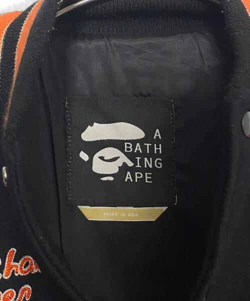 A BATHING APE（ア ベイシング エイプ）A BATHING APE (ア ベイシング エイプ) POST O'ALLS (ポストオーバーオールズ) 90'S レザーアームメルトンスタジャン ブラック×ベージュ サイズ:Lの古着・服飾アイテム