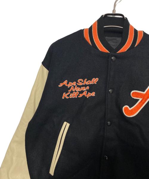 A BATHING APE（ア ベイシング エイプ）A BATHING APE (ア ベイシング エイプ) POST O'ALLS (ポストオーバーオールズ) 90'S レザーアームメルトンスタジャン ブラック×ベージュ サイズ:Lの古着・服飾アイテム