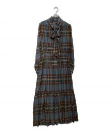 LAUREN RALPH LAUREN（ローレン ラルフ ローレン）の古着「プラッド クリンクル ジョーゼット タイネック ドレス」｜ブルー