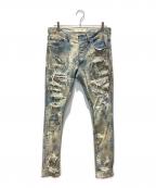 LOST ANGELSロストエンジェル）の古着「JOSHUA DISTRESSED PAINT SLIM DENIM/ペイントスキニークラッシュデニム」｜ライトブルー