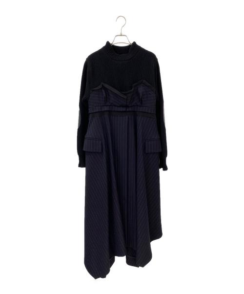 sacai（サカイ）sacai (サカイ) Wool Knit × Chalk Stripe Dress ネイビー×ブラック サイズ:1の古着・服飾アイテム